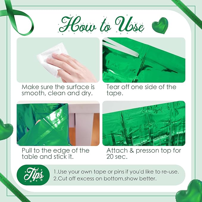 2 Pack Green Table Skirts, 29x108" Metallic Foil Tinsel Fringe Table Skirts for Rectangle Tables Streamer Curtains Backdrop, Party Decorations for Birthdays Weddings Holidays