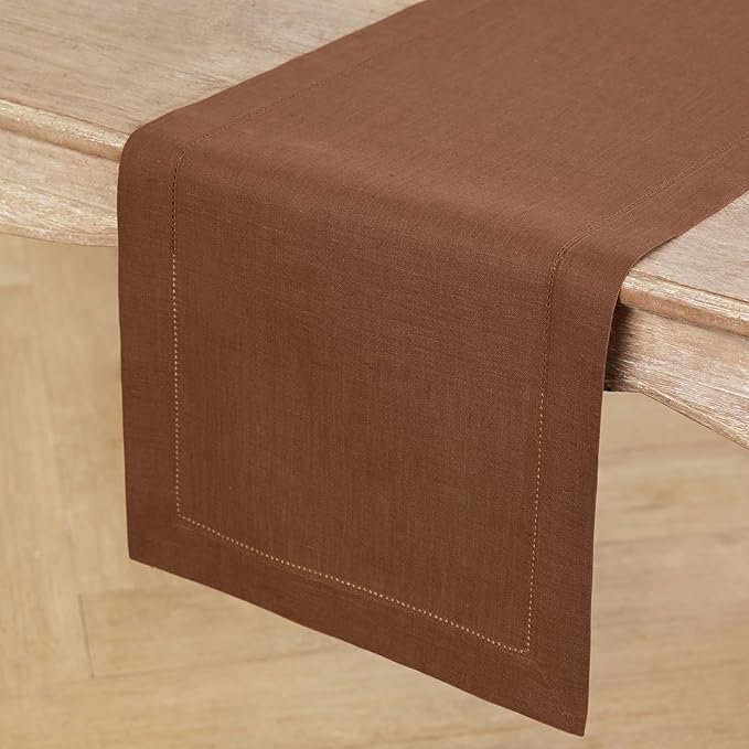Solino Home Linen Brown Table Runner 48 Inches - Classic Hemstitch, 100% Pure Linen Coffee Table Runner 14 x 48 Inch Ideal for Dresser Tables, Fall, Autumn, Thanksgiving
