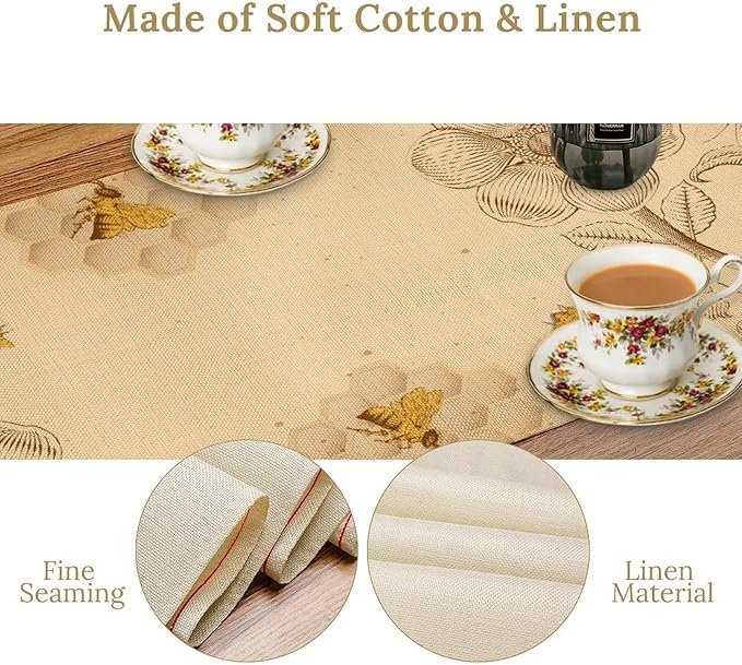 Vintage Bee Table Runner, Rustic Retro Wildflowers Print Home Farmhouse Table Cover for Party Indoor Outdoor Decoration Kitchen Dining Table Decor, 13x120inch