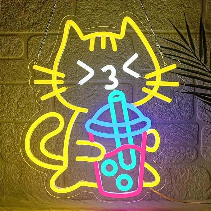 Cat Boba Tea Neon Sign Yellow Cat Led Neon Signs for Wall Decor USB Bubble Tea Neon Light Cute Animal Neon Light Sign for Bedroom Dessert Bar Coffee Shop Kitchen Restaurant Party