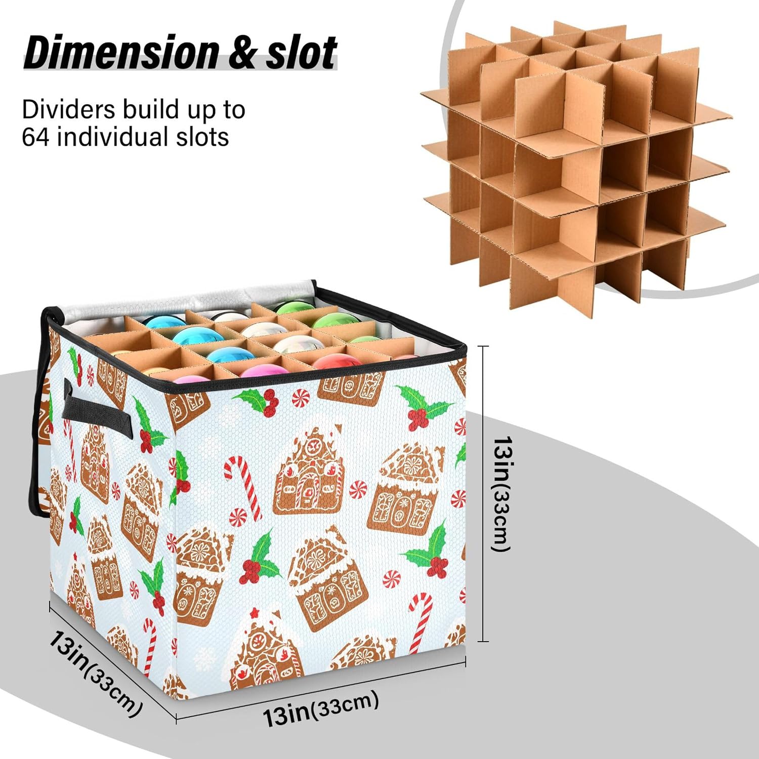 Christmas Gingerbread House Christmas Ornament Storage Box, Hold 64 Holiday Ornament 3”, Adjustable Dividers Handle Zipper Storage Container, Xmas Decoration Accessories