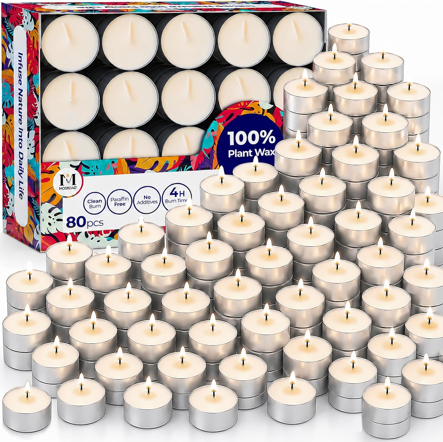 Tea Lights Candles 80 Pack, 4 Hour Palm Wax White Tealight Candle Bulk for Home, Natural Unscented Small Votive for Wax warmer, Smokeless and Dripless Tea Light for Wedding, Shabbat, Emergency