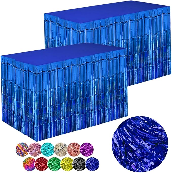 Blue Streamers Party Decorations, 2 Packs Blue Table Skirts Metallic Foil Fringe Tinsel for Birthday Under the Sea Boy Baby Shower Float Parade Mardi Gras Graduation Party Supplies -29x108Inch