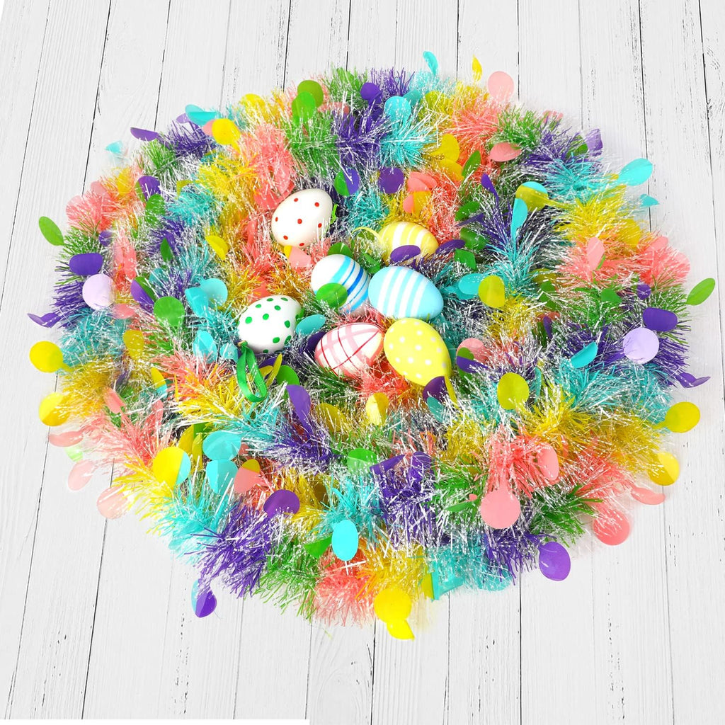 CCINEE 33FT Easter Tinsel Garland, Colorful Tinsel Twist with Confetti Spring Hanging Tinsel Ornament Decoration for Holiday Door Tree Mantel Window Outdoor Party Supplies