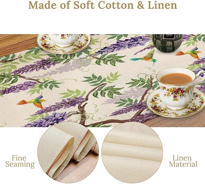Vintage Bird Flower Table Runner Seasonal Spring Purple Wisteria Garden Plants Lavender Florals Farmhouse Country Kitchen Dinner Runner Dining Table Decoration for Home Party Holiday 13"x70"
