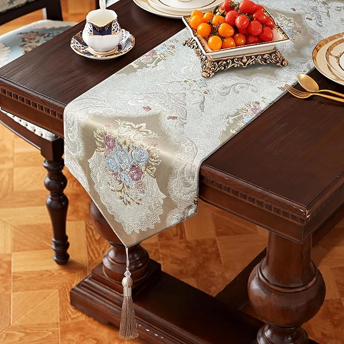 HeMiaor Chenille Jacquard Thick Table Runner Delicate Tassel for Meeting Decor and Dining Table Retro Embroidery Pattern for Christmas Festive Wedding Decoration Beige 60 inches Long