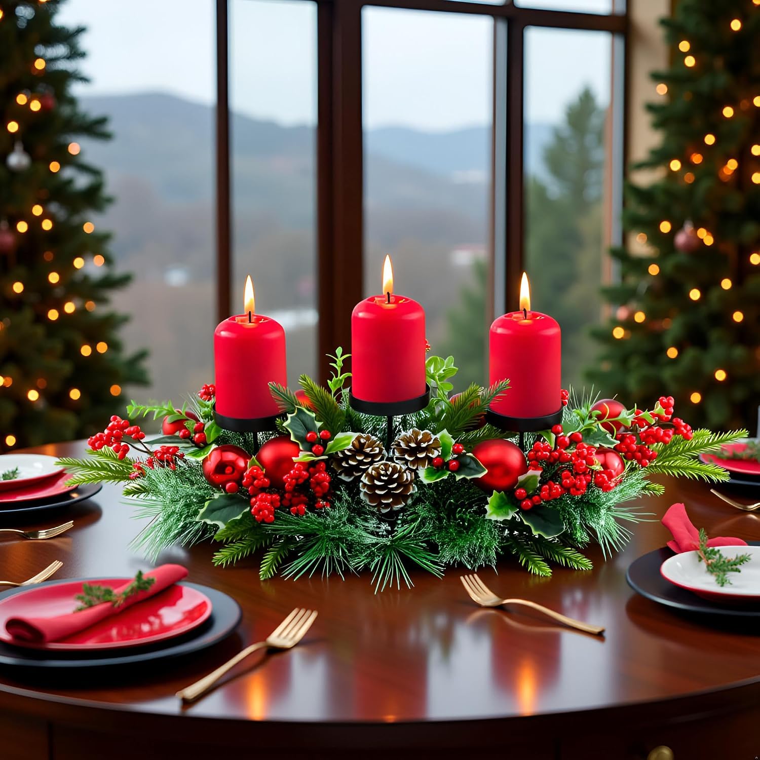 YULETIME 28" Christmas Triple Candelabrum, Red Baubles, Berries, Pine Cones | Three Trays Holder, Tray diameter 3.15-in, Candles Not Included, Holiday Centerpiece, Red Theme