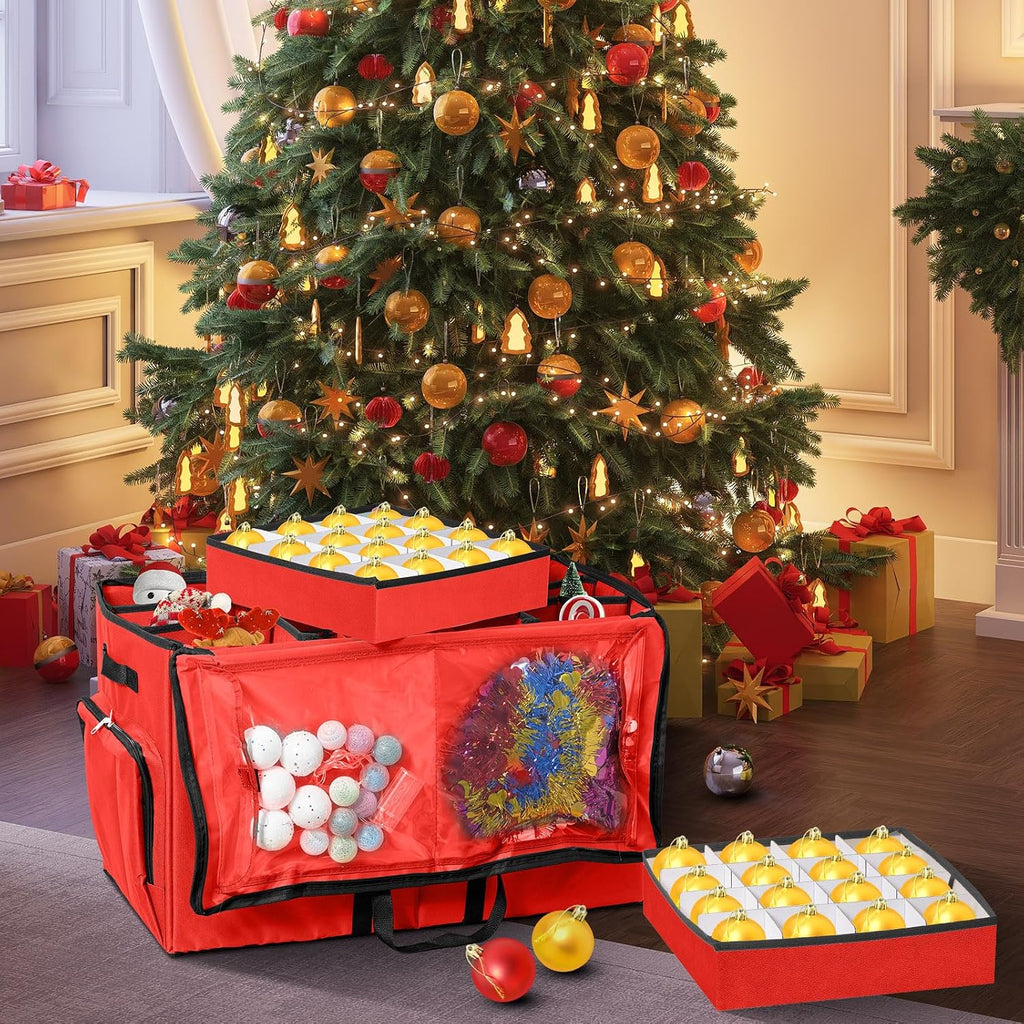 Christmas Ornament Storage Box,2-in-1 Christmas ornament organizer&Christmas Figurine Container,5 Trays,6 Adjustable Christmas Figurine Storage Grids,Red