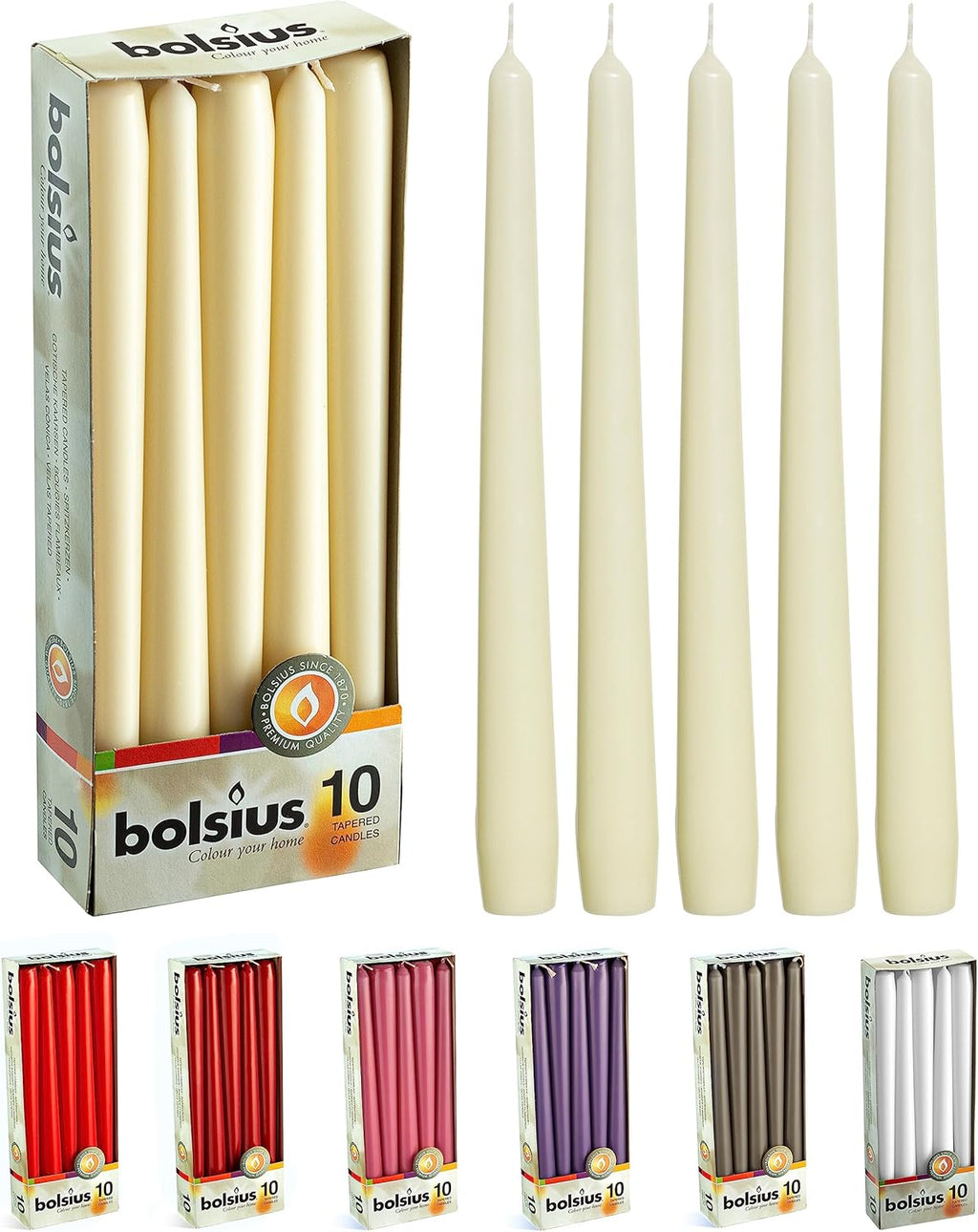 BOLSIUS Ivory Taper Candles - 10 Pack Unscented 10 Inch Dinner Candle Set - 8 Hours Burn Time - Premium European Quality - Smokeless and Dripless Household, Wedding, Party, and Home Décor Candlesticks
