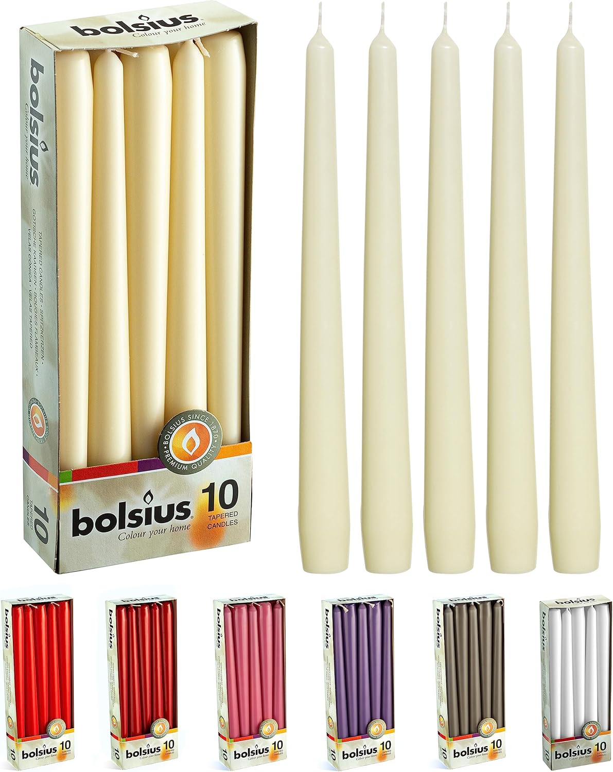 BOLSIUS Ivory Taper Candles - 10 Pack Unscented 10 Inch Dinner Candle Set - 8 Hours Burn Time - Premium European Quality - Smokeless and Dripless Household, Wedding, Party, and Home Décor Candlesticks