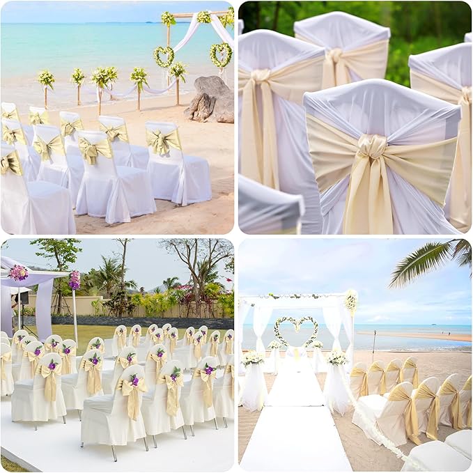 50 PCS Satin Chair Sashes Bows Universal Chair Ribbon Ties Back Sash for Wedding Party Reception Events Banquets Hotel Event Chair Cover Decoration (Champagne 7x108 inch)