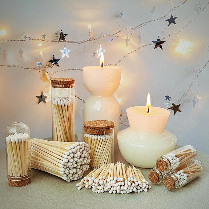 2" White Matches in a Jar + Striker Stickers Included | 100 Classy White Tip Decorative Safety Matches with a Cork Top Glass Holder | Gifts, Home Decor, & Candle Accessories by Thankful Greetings