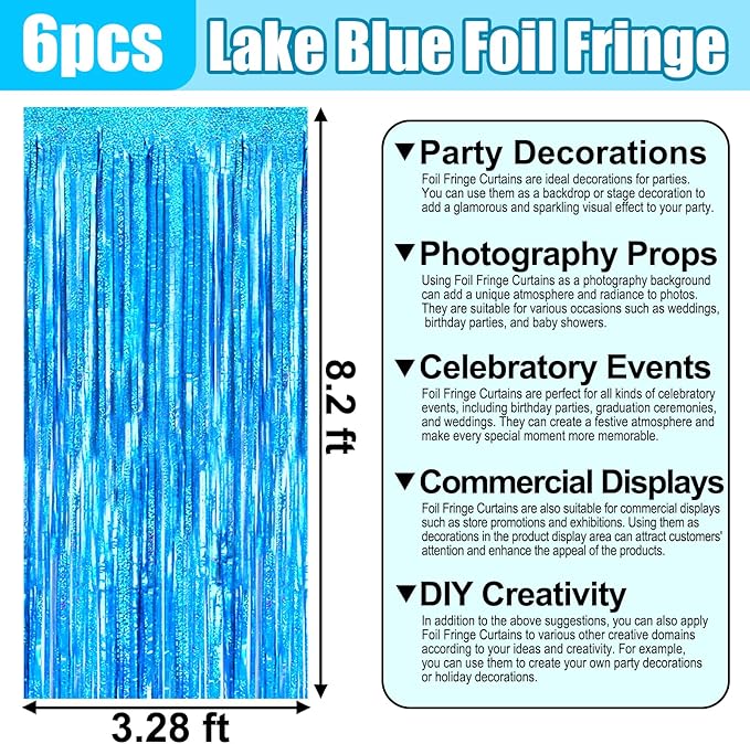 6 Pack Lake Blue Foil Fringe Curtain Backdrop, 3.28Ft x 8.2Ft Metallic Tinsel Foil Fringe Streamer Curtains for Photo Booth, Birthday, Wedding, New Year Party Decorations