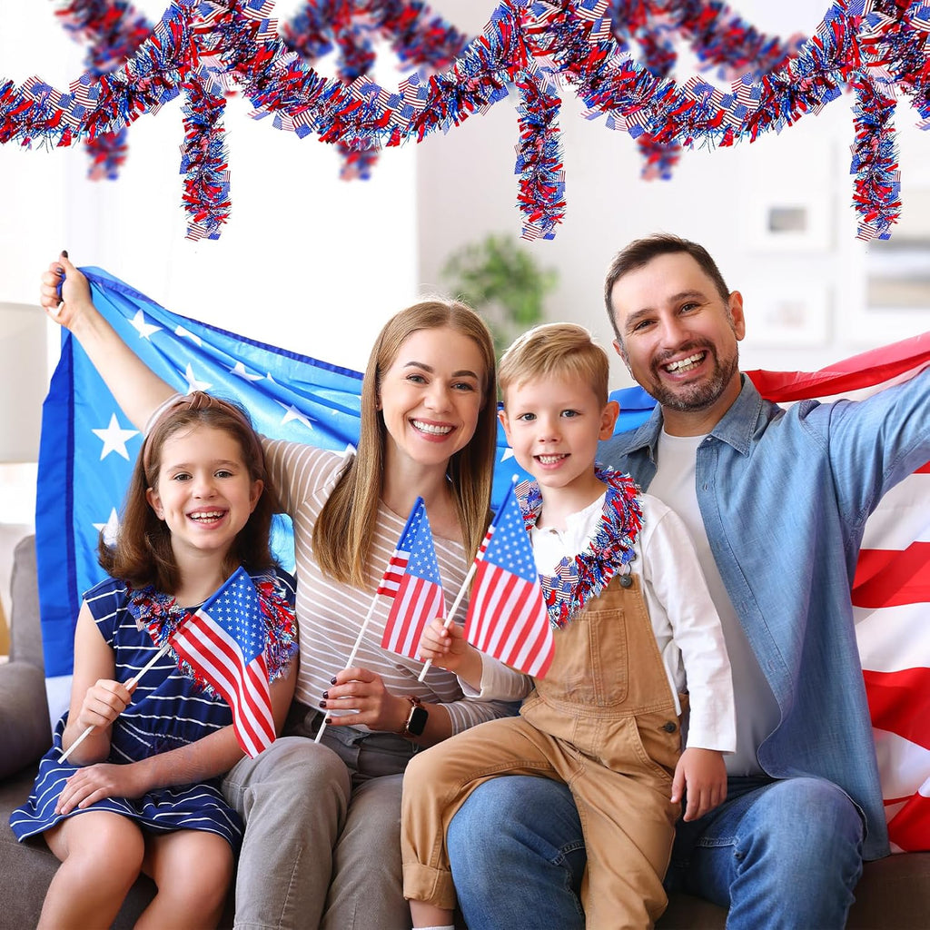 4 Pack 26.4 ft Red White Blue Patriotic Tinsel Garland with American Flags, Metallic Foil Fringe Banner Streamers for 4th of July, Memorial Day, Veterans Day, Independence Day, and Parade Decorations