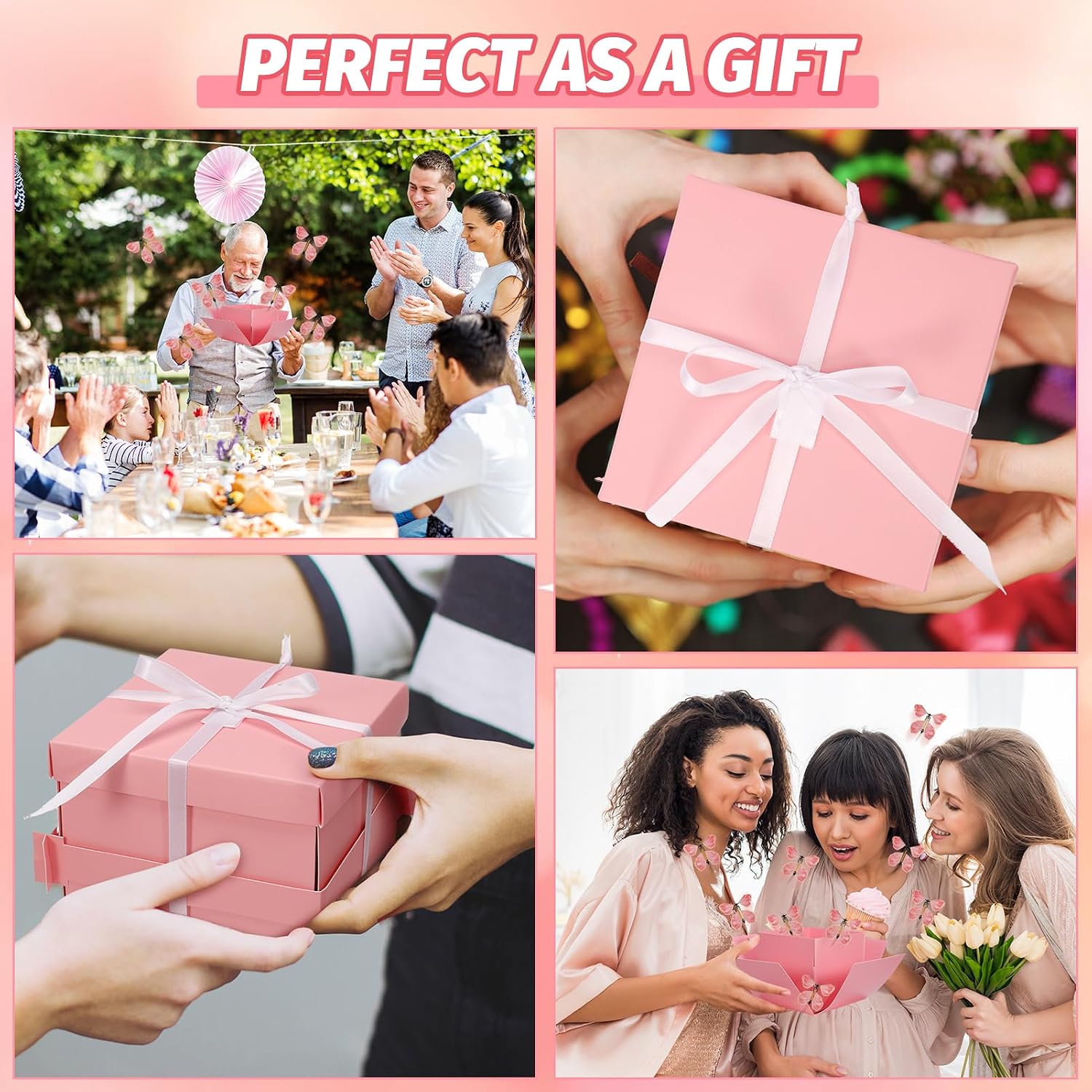 XLSXEXCL Butterfly Explosion Cardboard Gift Box, Flying Butterfly Surprise Box for Birthday, Wedding, Anniversaries, Christmas (Pink)