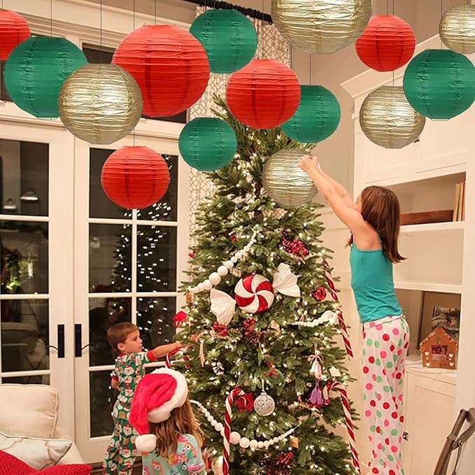 Green Red Paper Lanterns Decorative 12pcs Christmas Hanging Decorations for Graduation Anniversary Birthday Party