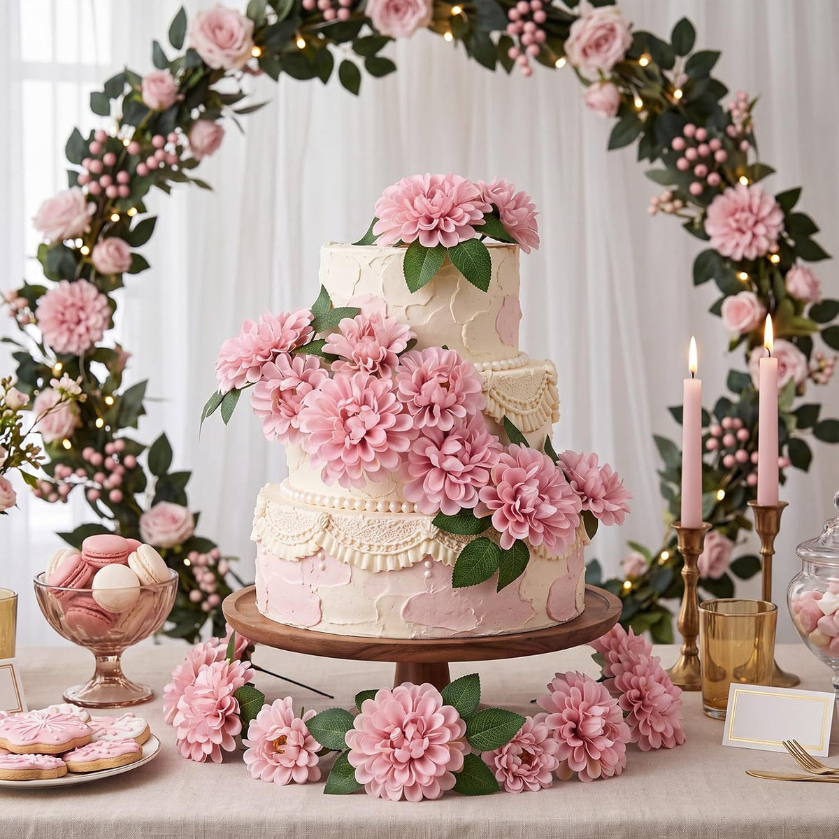 50 set wedding artificial dahlia flower with stems showing dimensions