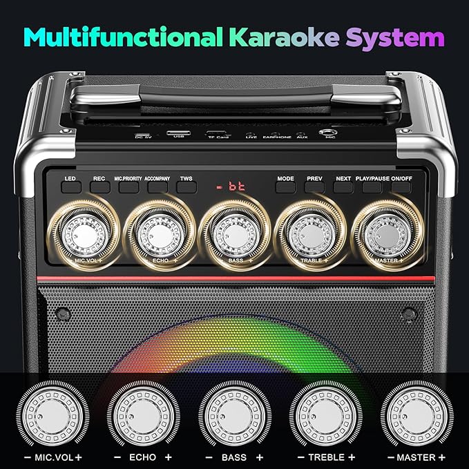 Karaoke Machine with 2 Wireless Mics for Adults Kids | Bluetooth 5.3 Speaker with Bass/Treble/Echo Adjustment | PA System with Disco Lights & Remote Control, Supports TV/TF Card/USB/AUX/Live