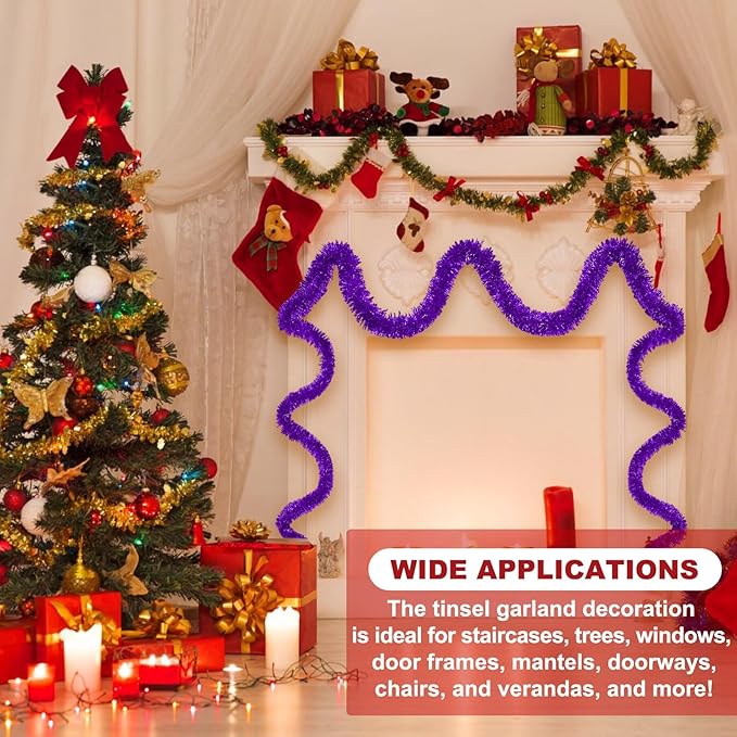 25 Feet Purple Christmas Tinsel Garland, Metallic Foil Twist Banner Wall Hanging Tinsel Streamers Backdrop for Parade Floats, Christmas, Mother's Day, Birthday Party Decorations(4in x 25ft)