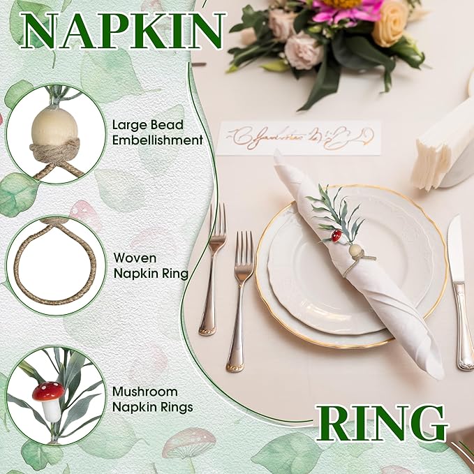 MAOANME Napkin Rings Set of 12, Rustic Eucalyptus Napkin Holder Rings with Wood Bead, Farmhouse Green Leaf Napkin Ring Bulk, Boho Napkin Ring for Wedding, Table Decor