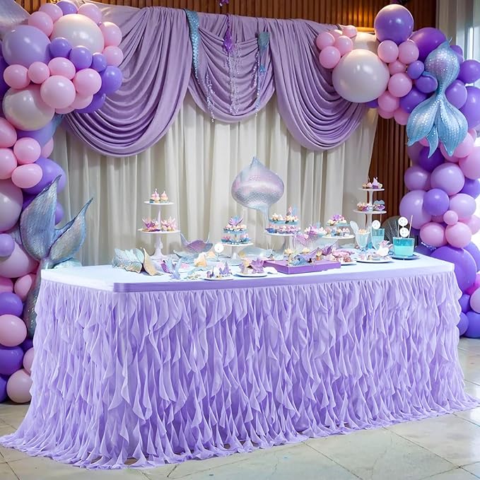 PARTISKY Lavender Purple Tulle Curly Willow Table Skirt for Rectangle Table 6ft, Ruffle Tutu Table Cloth for Girls Boys Baby Shower,Mermaid Birthday Party