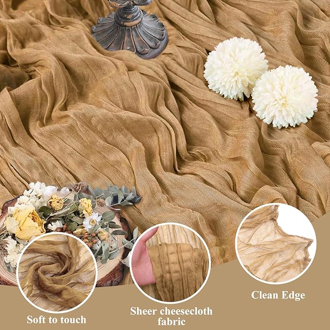 Asee'm 6pcs Cheesecloth Table Runner 120 Inches Long Khaki Boho Gauze Cheese Cloth Runner 10FT Rustic Sheer Table Runners for Christmas Wedding Party Baby Shower Spring Easter Decoration
