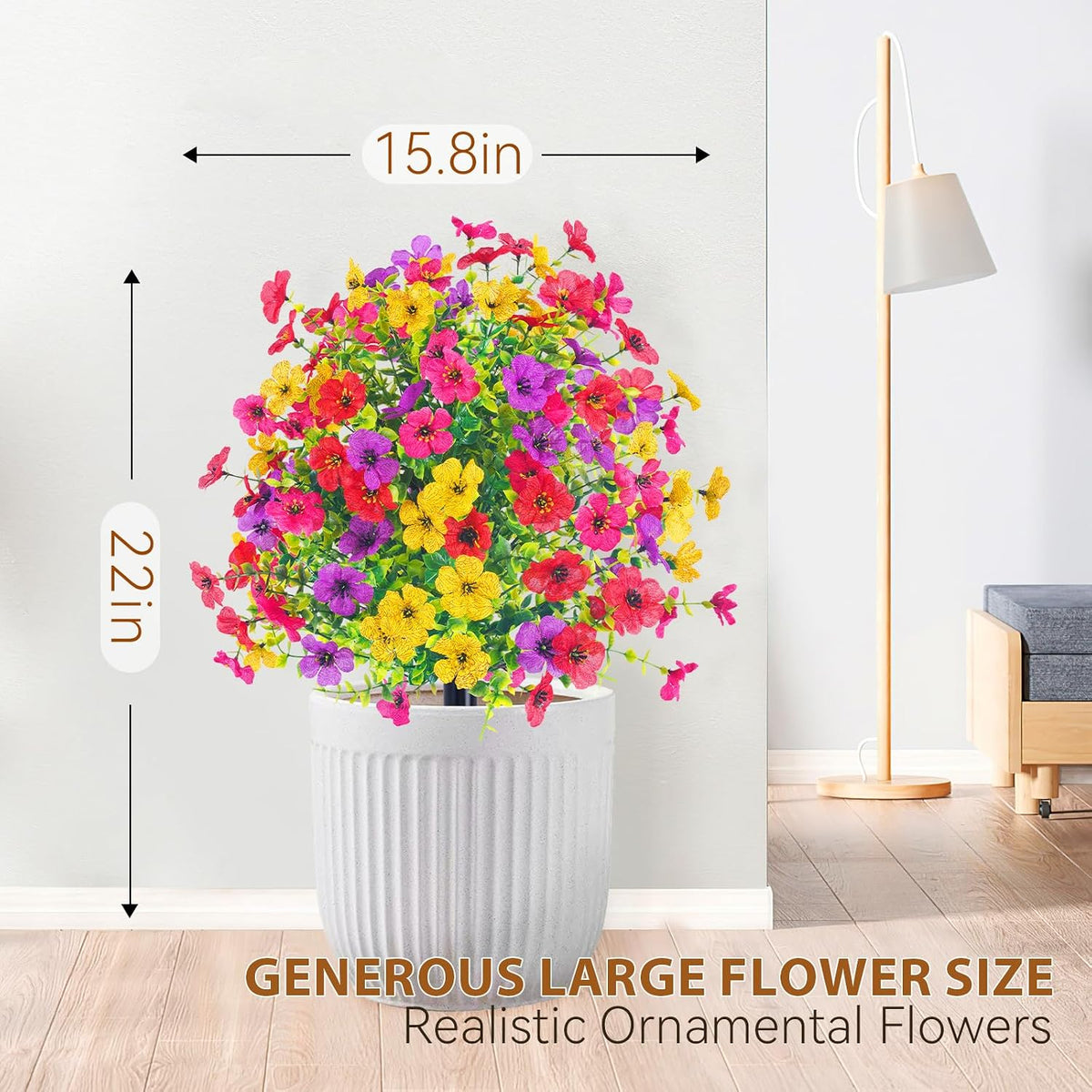 22 inch artificial flowers and shrubs with stakes, close-up detail