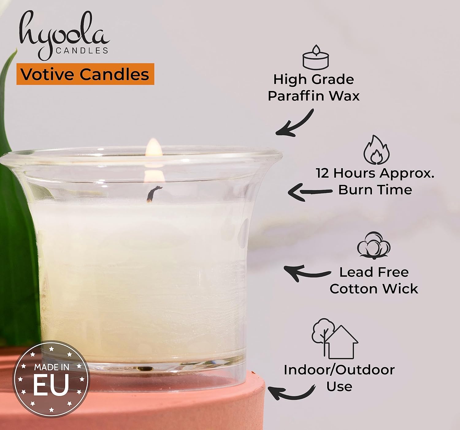 Hyoola Votive Candles - White Votives in Clear Cup - 12 Hour Burn Time Unscented Votive Candles Bulk - Pack of 12 Small Candles in Bulk - Made in Europe