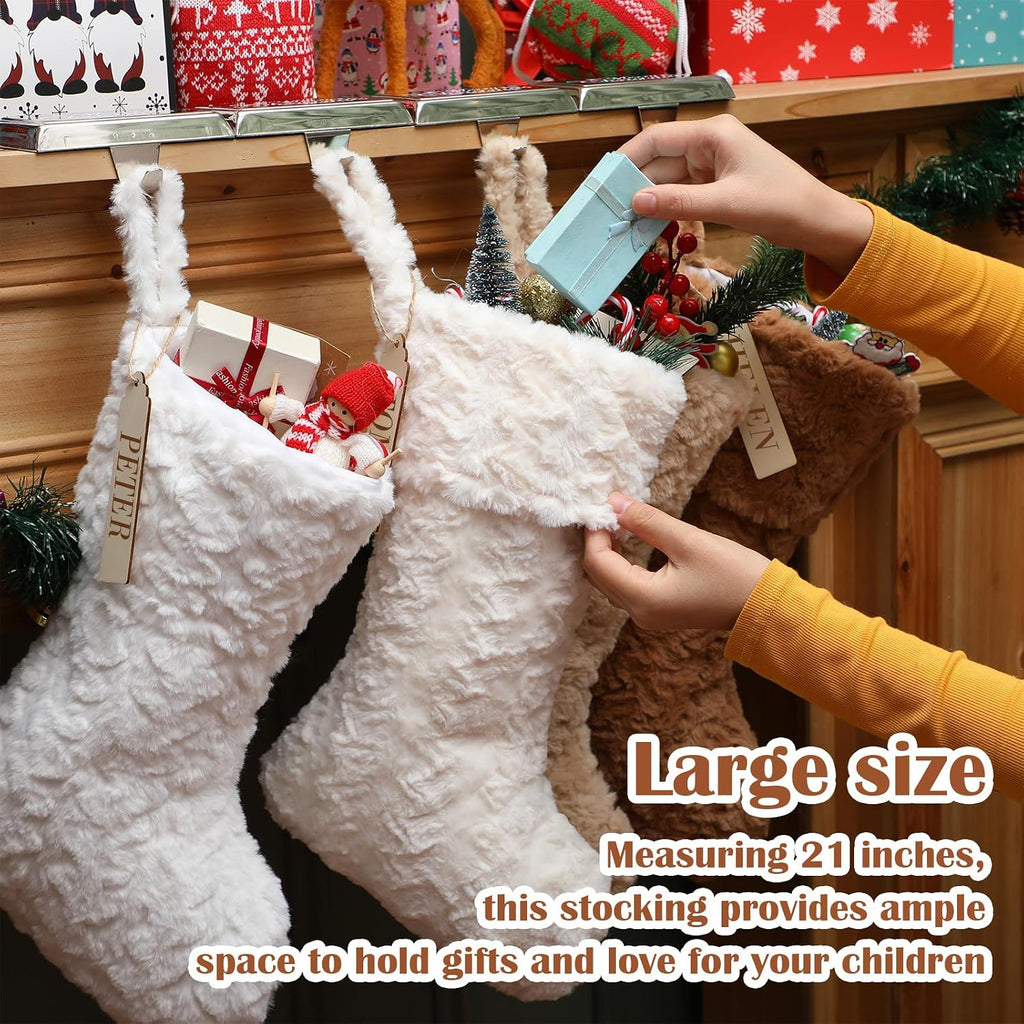 4 Pcs 21 Inch Neutral Personalized Christmas Stockings Bulk with Name Tags, Large Plush Rustic Farmhouse Xmas Stocking Modern Brown Decor for Fireplace Holiday Family(White Beige Camel Light Brown)