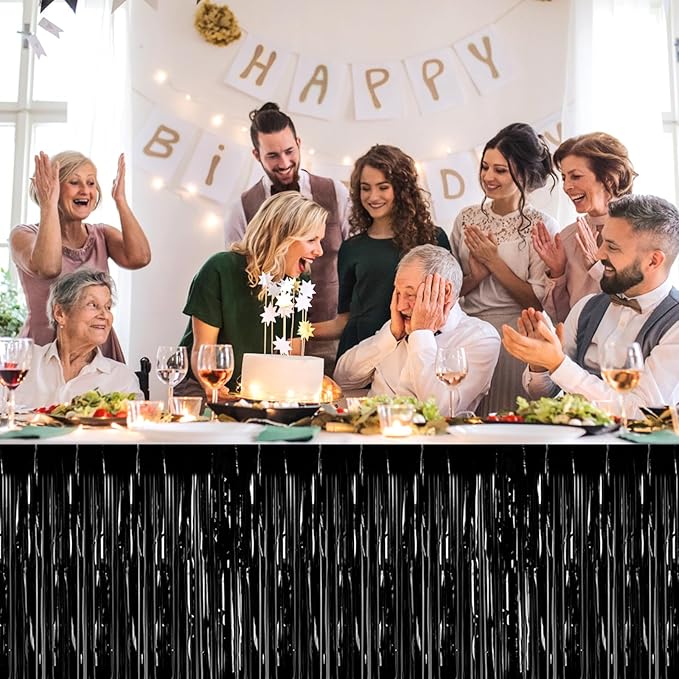 3 Pack 29 x108 Inch Black Foil Fringe Table Skirts Metallic Banner for Tinsel Streamer Garland Backdrop for Parade Floats Wedding Thanksgiving Birthday Christmas Halloween New Year Party Decoration