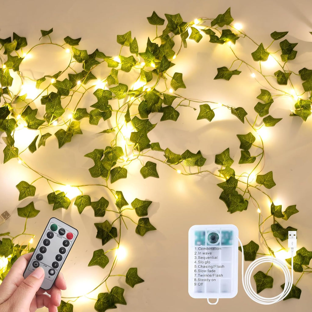 Fake Plants Vines,33ft 100 LED Artificial Ivy Garland with Fairy Lights,for Home Living Room Bedroom wall Art Aesthetic Office Coffee Wedding Party Farmhouse Dorm Outdoor Garden Decor