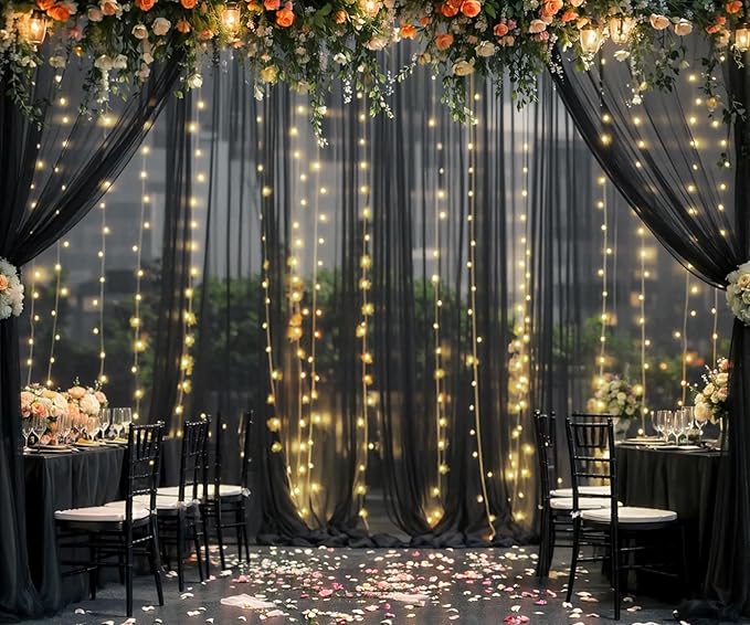 Black Tulle Backdrop Curtain with Lights String for Parites 20ft×8ft Black Sheer Backdrop Curtains for Baby Shower Wedding Bridal Shower Birthday Party Photo Shoot Decorations(4 Panels 5×8ft)