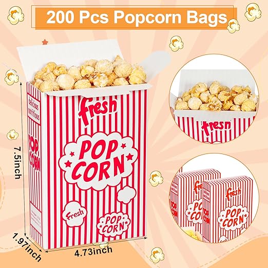 Dualshine 200 Pack Popcorn Boxes,1.25 oz Paper Popcorn Containers,Red and White Striped Close-Top Cardboard Pop Corners Bags Individual Servings for Theater Night Movie,Party,Christmas