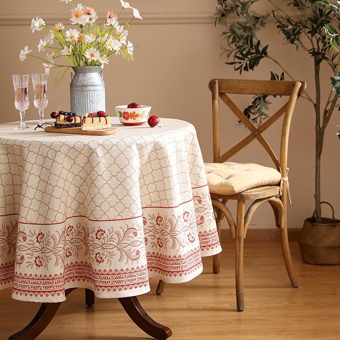 ISAENNE Designer Linen Floral Small Round Tablecloth,Pale Yellow Farmhouse Indoor Table Cloth,Durable Decor Tablecloths for Dining Kitchen Thanksgiving Christmas,Diameter 55"-Chamonix A