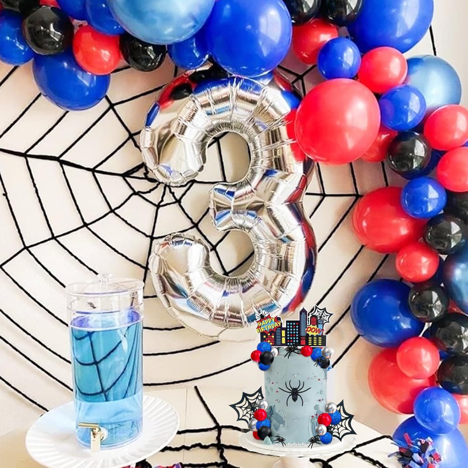 38pcs Spider Cake Topper Balls Cake Decorations Spider Web Cake Decor with Black Red Silver Glitter Blue Balls Spider City Theme Happy Birthday Topper for Boys Men Baby Shower Party Supplies
