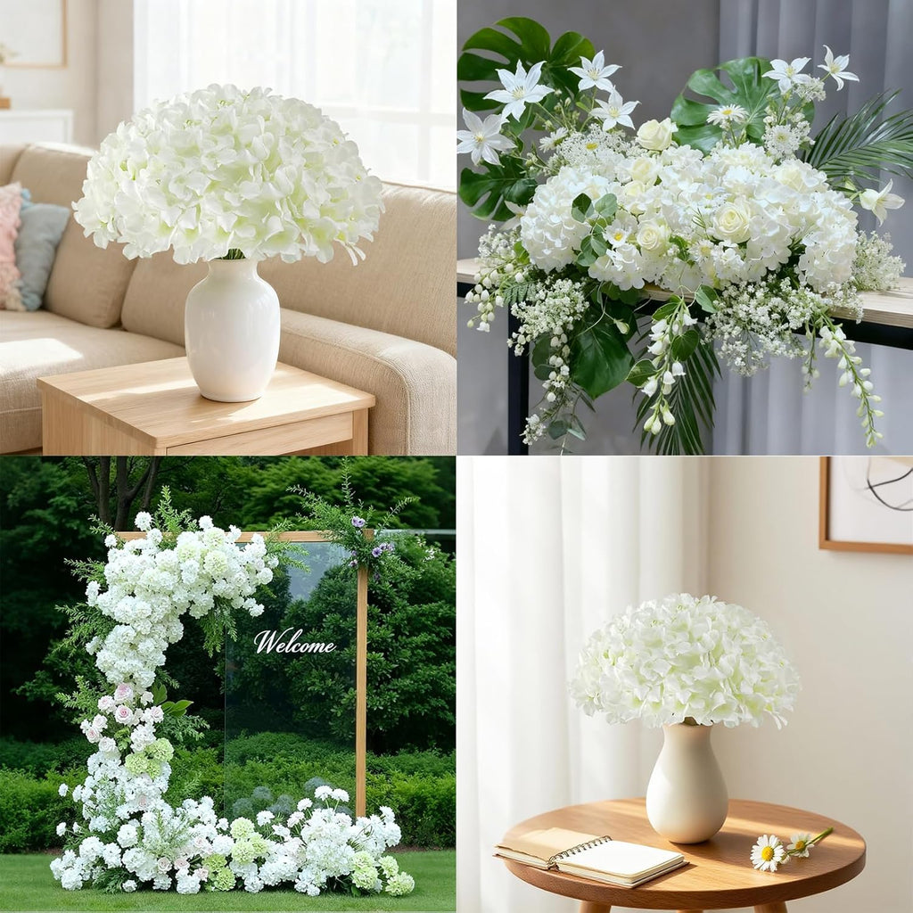 65Pcs White Hydrangea Artificial Flowers Bulk，Realistic Silk Fake Flowers with Stems，Faux Hydrangea Flowers for Wedding Home Decor Centerpieces Living Room Garden Party Baby Shower Decoration