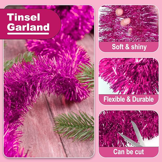 25 Feet Metallic Twist Tinsel Garland Backdrop for Parade Floats, Christmas Eve, New Year, Valentine's Day Party Decorations (Fuchsia, 4in x 25ft)