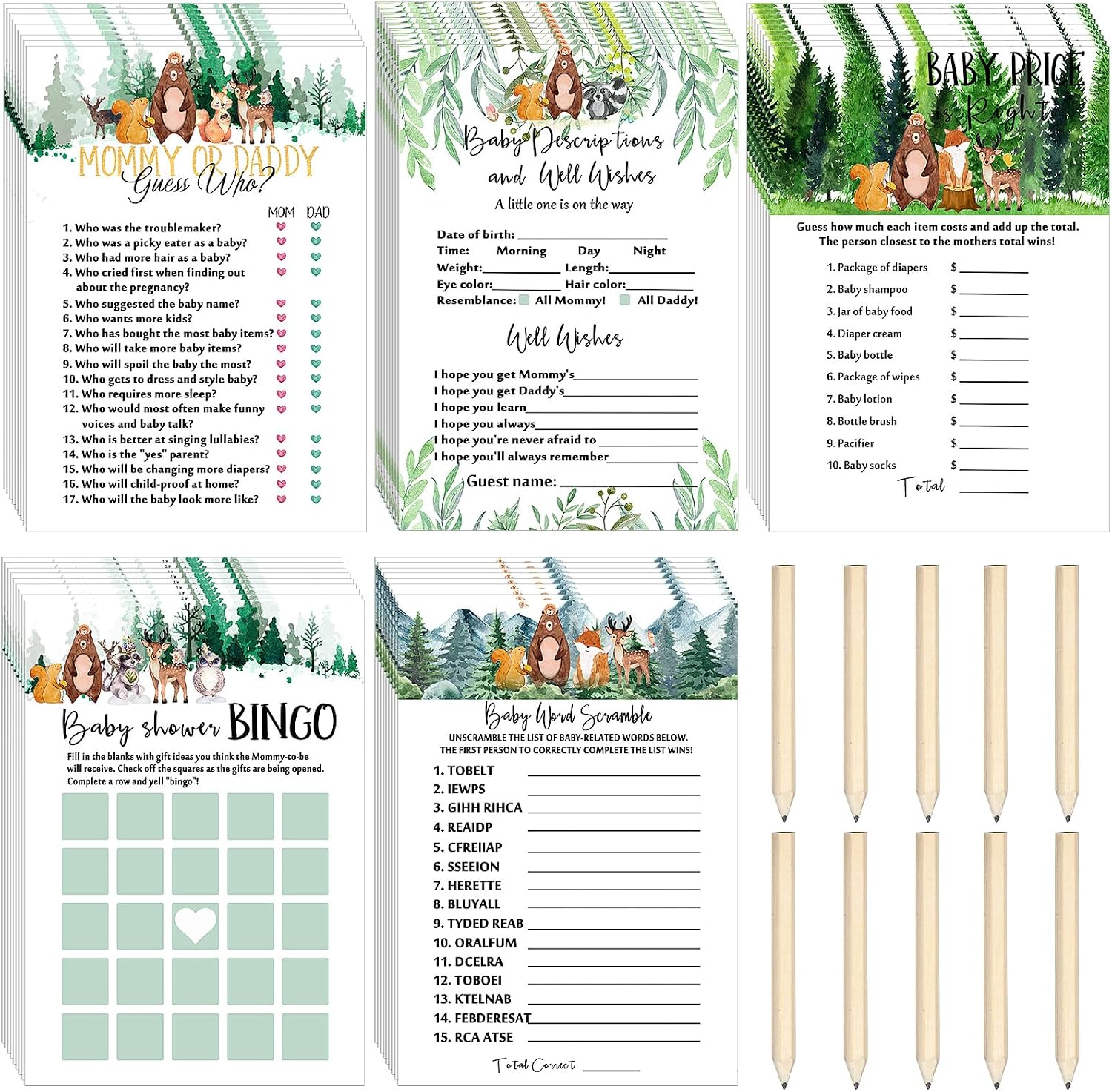 Gersoniel 135 Pieces Woodland Baby Shower Game Cards Forest Animals Baby Shower 5 Set (25 Cards Each) with 10 Pencils Predict Who Mommy or Daddy Well Wishes Woodland Creatures Theme for Boy Girl