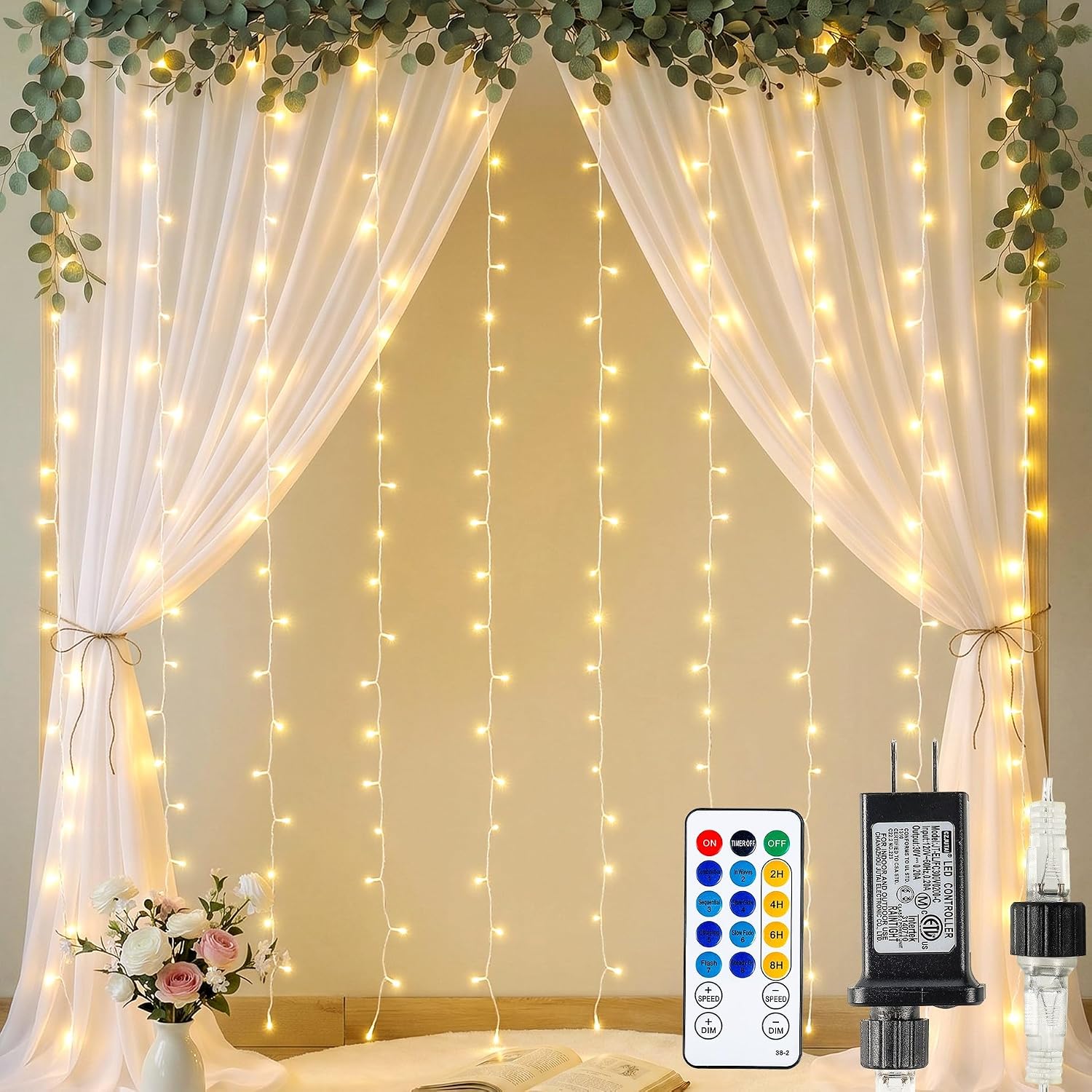 HEYFUNi 6.6FT x 6.6FT Warm White Curtain Lights Plug in, 200 LED | Window String Lights With Remote, 8 Modes, Timer, Memory, Connectable Fairy Lights for Bedroom, Wall, Wedding, Dorm Decor