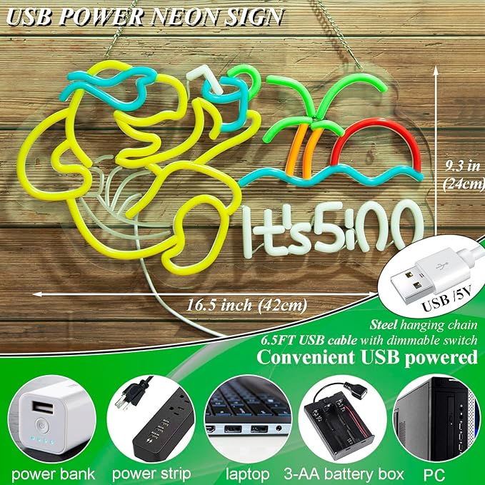 Turtle Its 5 00 O'clock Neon Signs for Wall Decor,Led Neon Light,Dimmable,USB Powered, Five Oclock for Home Bar Shop Beer LED Light Man Cave Garage Pub