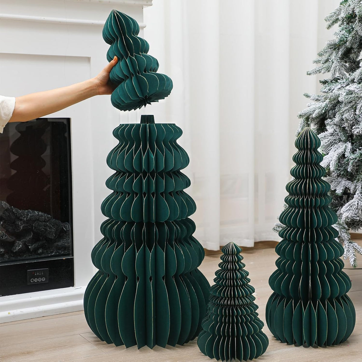 glikceil 3 set large honeycomb paper christmas tree shown in use