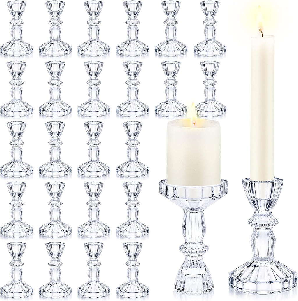 Sieral 24 Pcs Clear Taper Candle Holders 4'' Tall Candlestick Glass Holders Bulk Decorative Striped Design Stand Wedding Stick Holder for Anniversary Party Dining Table Festival Decor