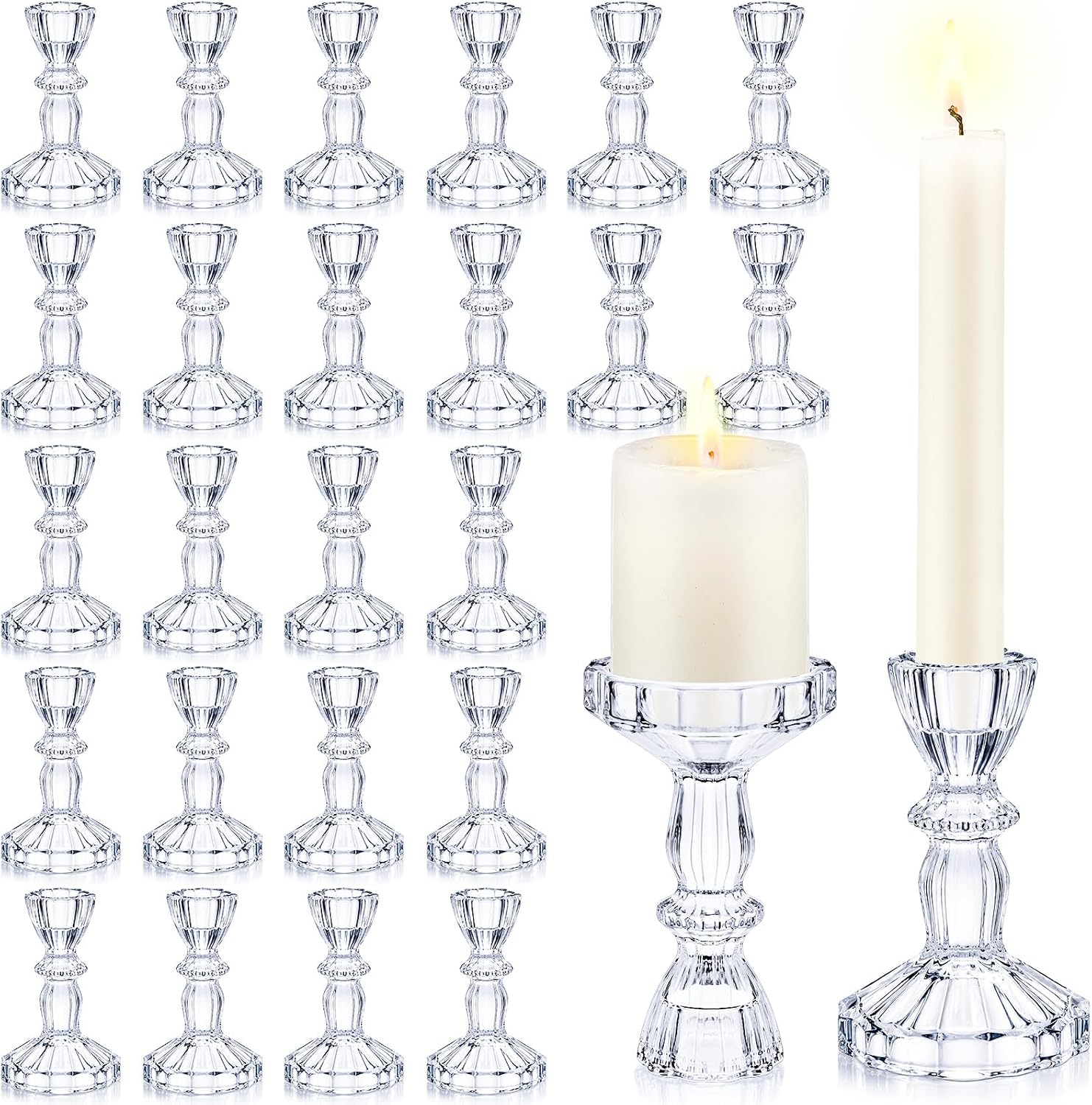 Sieral 24 Pcs Clear Taper Candle Holders 4'' Tall Candlestick Glass Holders Bulk Decorative Striped Design Stand Wedding Stick Holder for Anniversary Party Dining Table Festival Decor