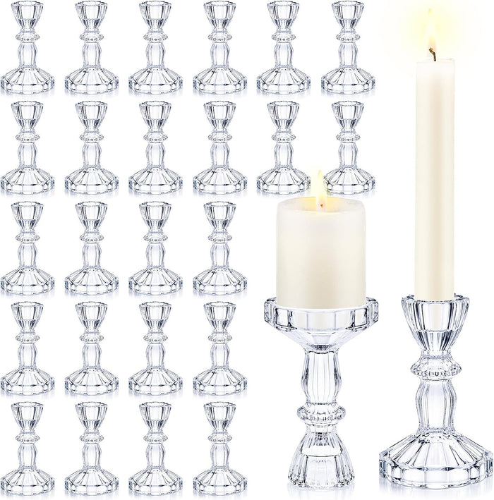 Sieral 24 Pcs Clear Taper Candle Holders 4'' Tall Candlestick Glass Holders Bulk Decorative Striped Design Stand Wedding Stick Holder for Anniversary Party Dining Table Festival Decor