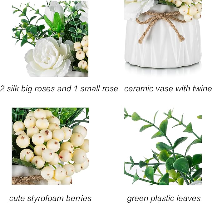 BLOSMON Table Decor Artificial Flowers Vase 7 Inch Small Fake Champagne Flower Arrangement 2pcs Floral Arrangement for Tables centerpieces Kitchen Dining Room Decorations Flower in Vase Silk Roses