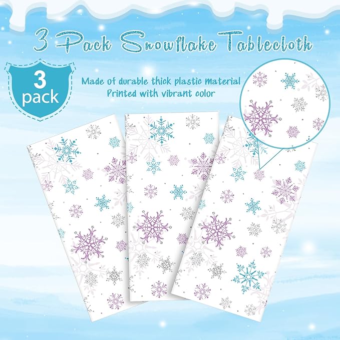 3 Pieces Christmas Snowflake Party Tablecloth Decorations,Plastic Purple and Blue Winter Wonderland Table Cover for Winter Christmas Birthday Holiday Party Decorations and Supplies,54x108 inch