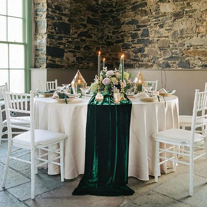 Luxurious Velvet Table Runner, 10ft Wedding Reception Decorations, 20x120inch Soft Velvet Fabric, Table Linen Overlay, Wedding Table Runners (Emerald Green, 20X120inch, 2pack)