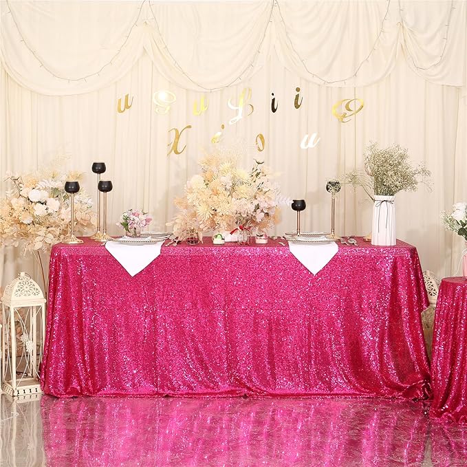 SquarePie Sequin Tablecloth 50 x 72 Inch Hot Pink Glitter Table Linen for Wedding Party