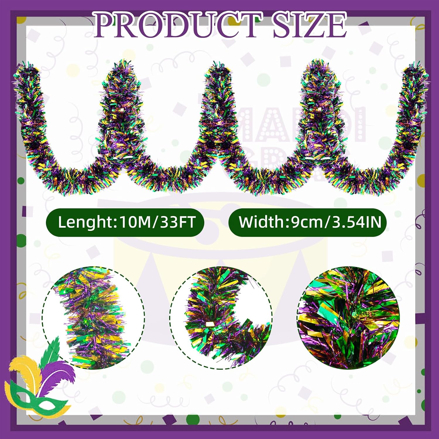 33FT Mardi Gras Tinsel Garland Purple Green Gold Metallic Twist Foil Tinsel Garland Hanging Garland for Carnival Party Indoor Outdoor Decoration