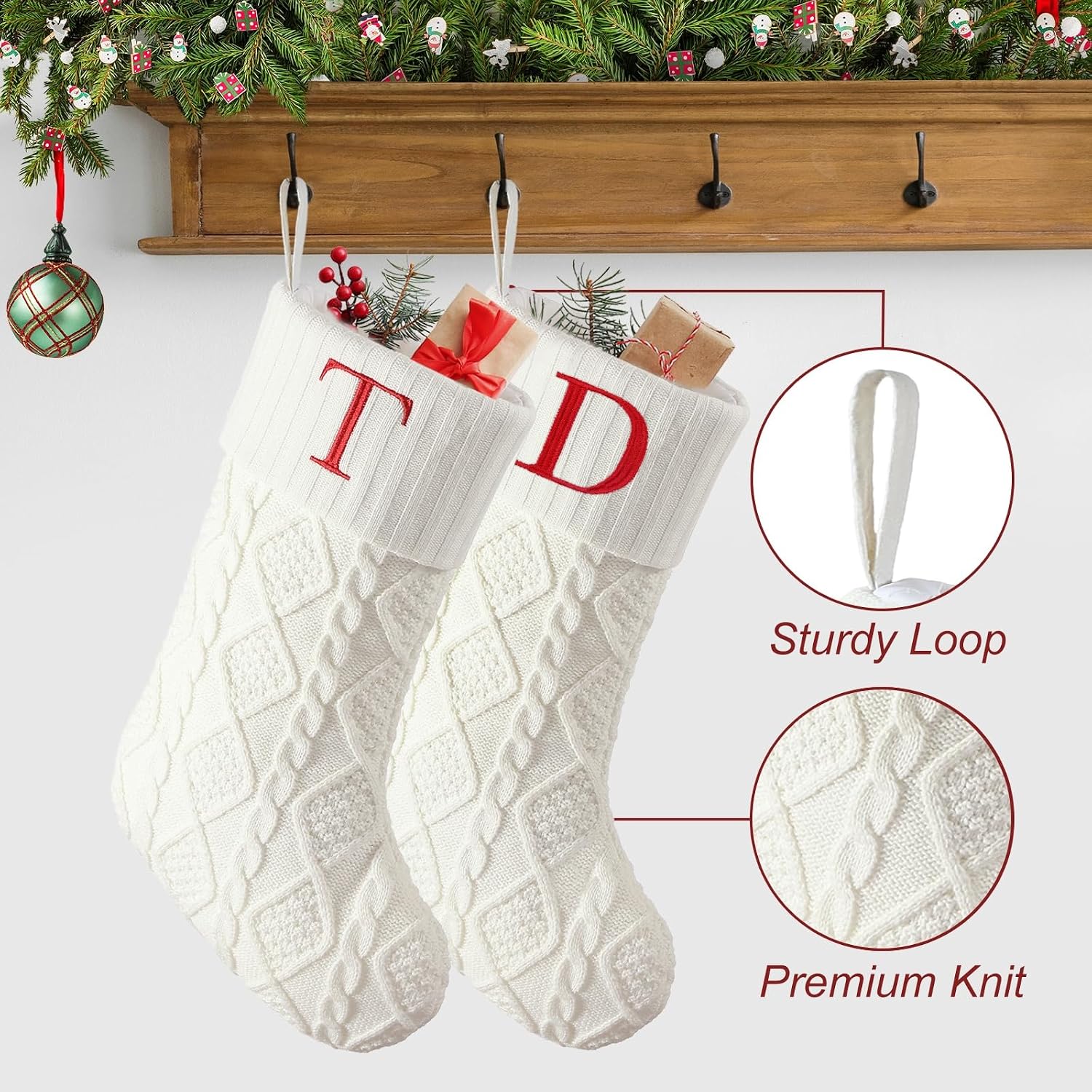 Senneny Christmas Stockings with Initials, 20” Large Embroidered Monogram Knitted Stockings for Family, Kids, Xmas Holiday Party Gifts & Decoration for Fireplace, White, Letter A